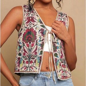 Boho Multicolor Floral Brocade Tie-Front Vest with metallic trim